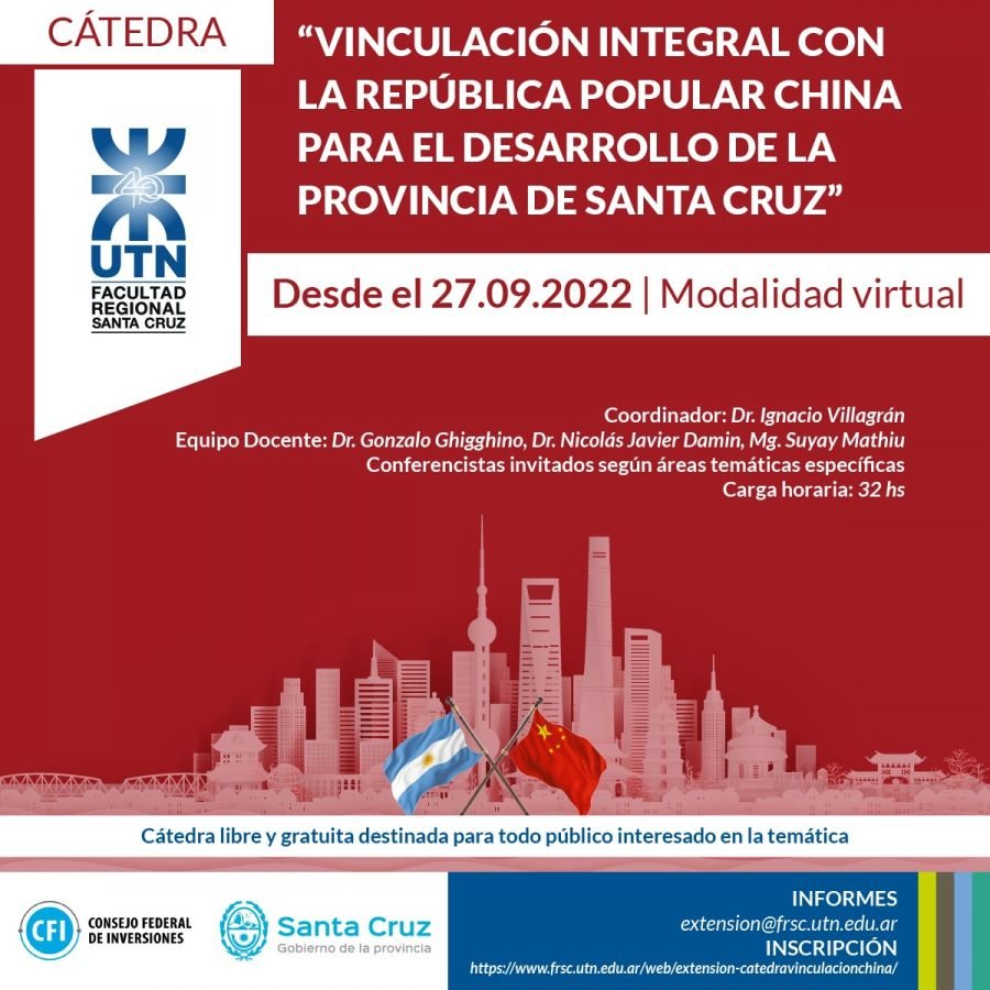 Santa Cruz convoca a participar de la cátedra "Vinculación integral con la República Popular China"