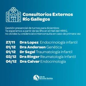 Caja de Servicios Sociales: Consultorios Externos Río Gallegos anuncia gestión de turnos para diciembre