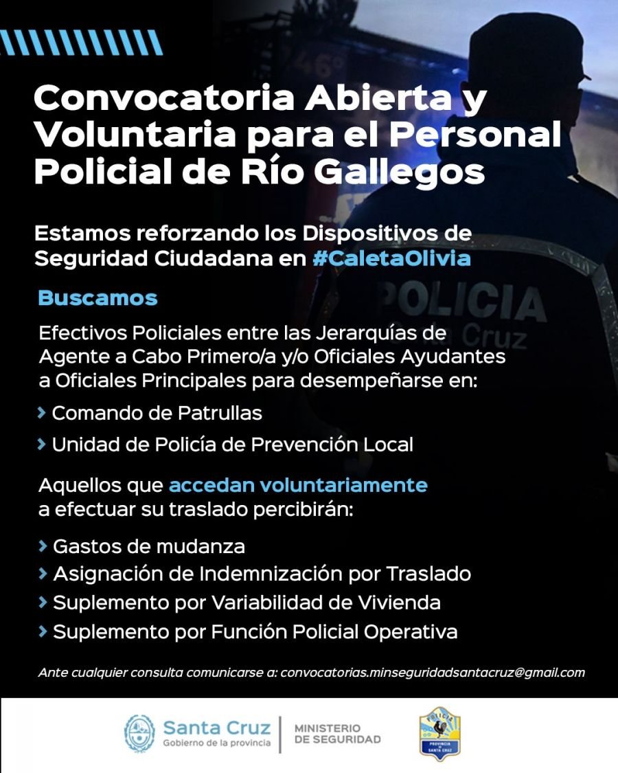 Convocatoria abierta y voluntaria para el personal policial de Río Gallegos