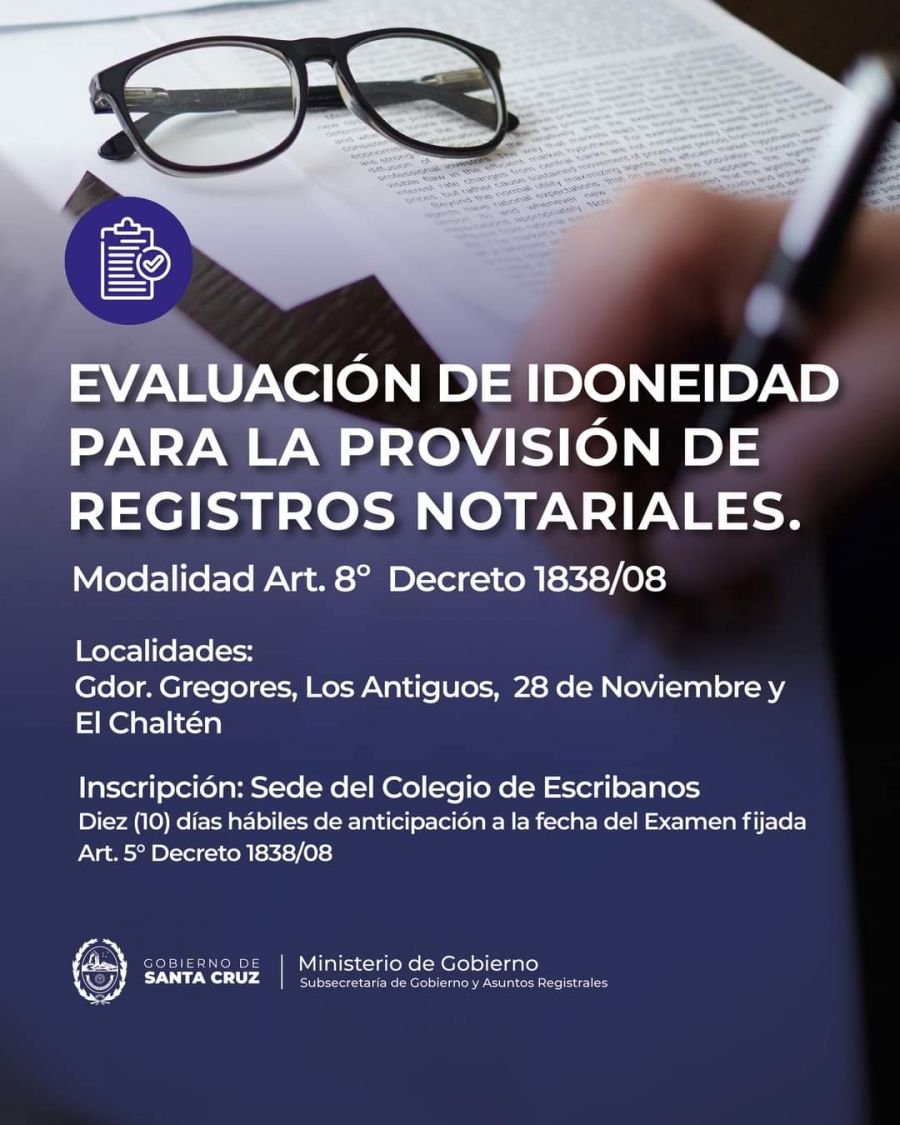 Convocan a realizar la evaluación de idoneidad para la provisión de Registros Notariales en Santa Cruz