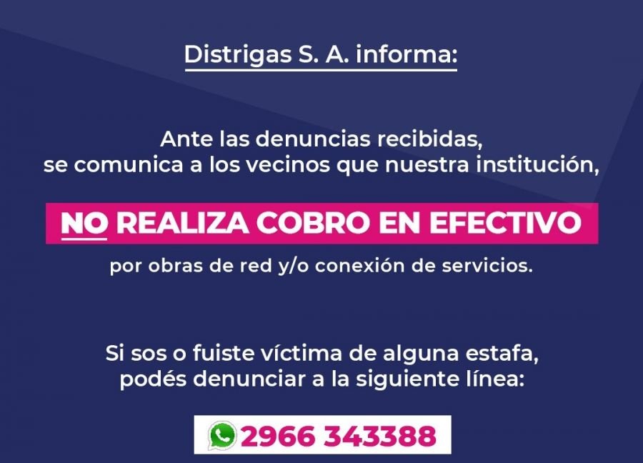 Distrigas S.A. habilitó un número de Whatsapp para efectivizar denuncias por estafas