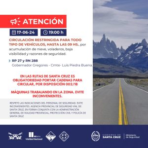 Temporada invernal: Compartimos el actual estado de Rutas en Santa Cruz