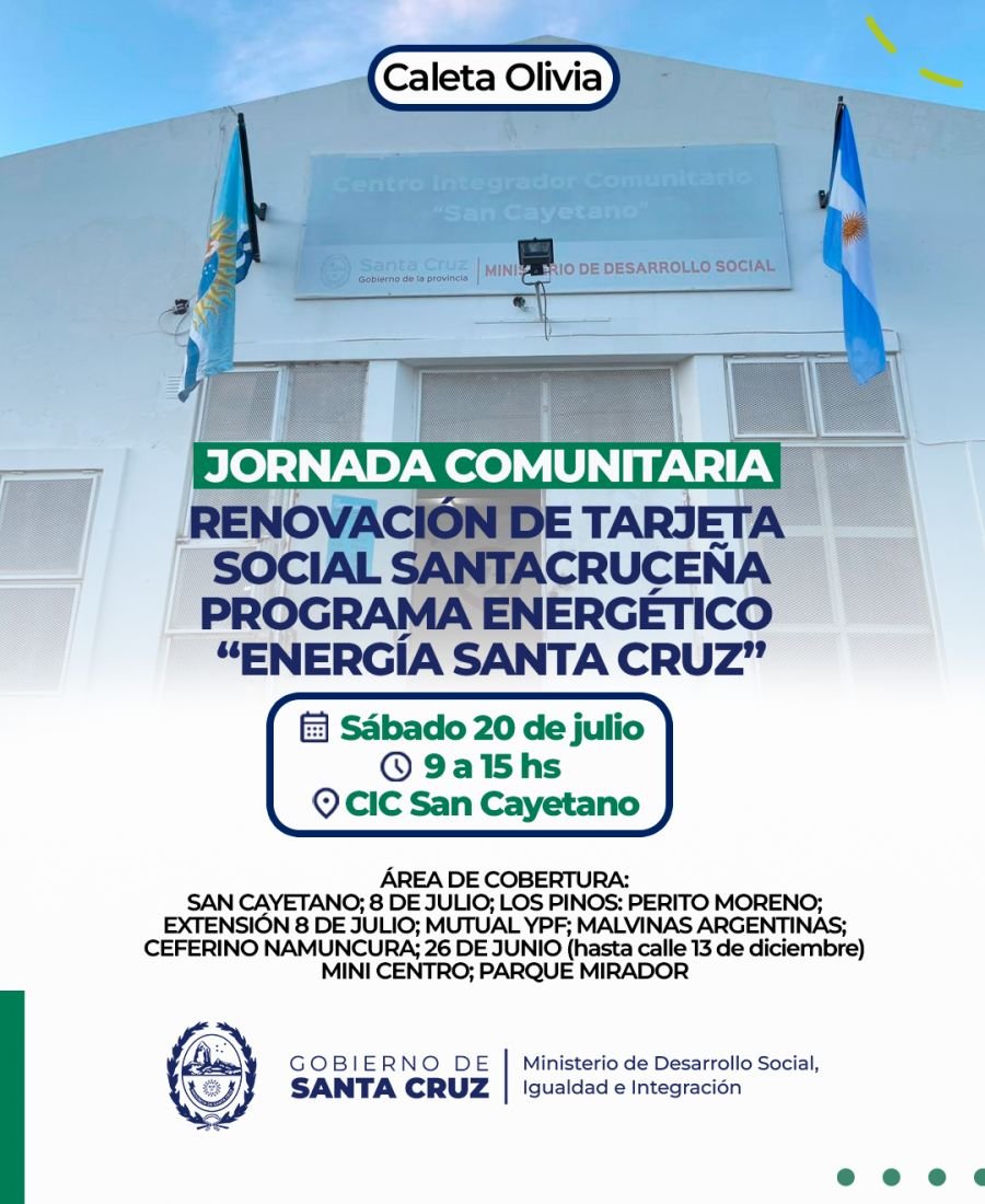 Caleta Olivia: jornada comunitaria de renovación de Tarjeta Social y altas en programas de subsidios energéticos