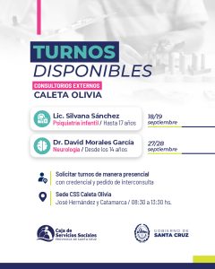 La Caja de Servicios Sociales informa sobre turnos disponibles en consultorios externos