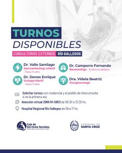 La Caja de Servicios Sociales informa sobre turnos disponibles en consultorios externos en Río Gallegos