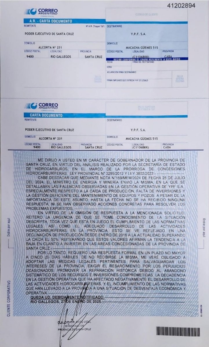 El gobernador Claudio Vidal exige a YPF una reparación histórica energética para Santa Cruz