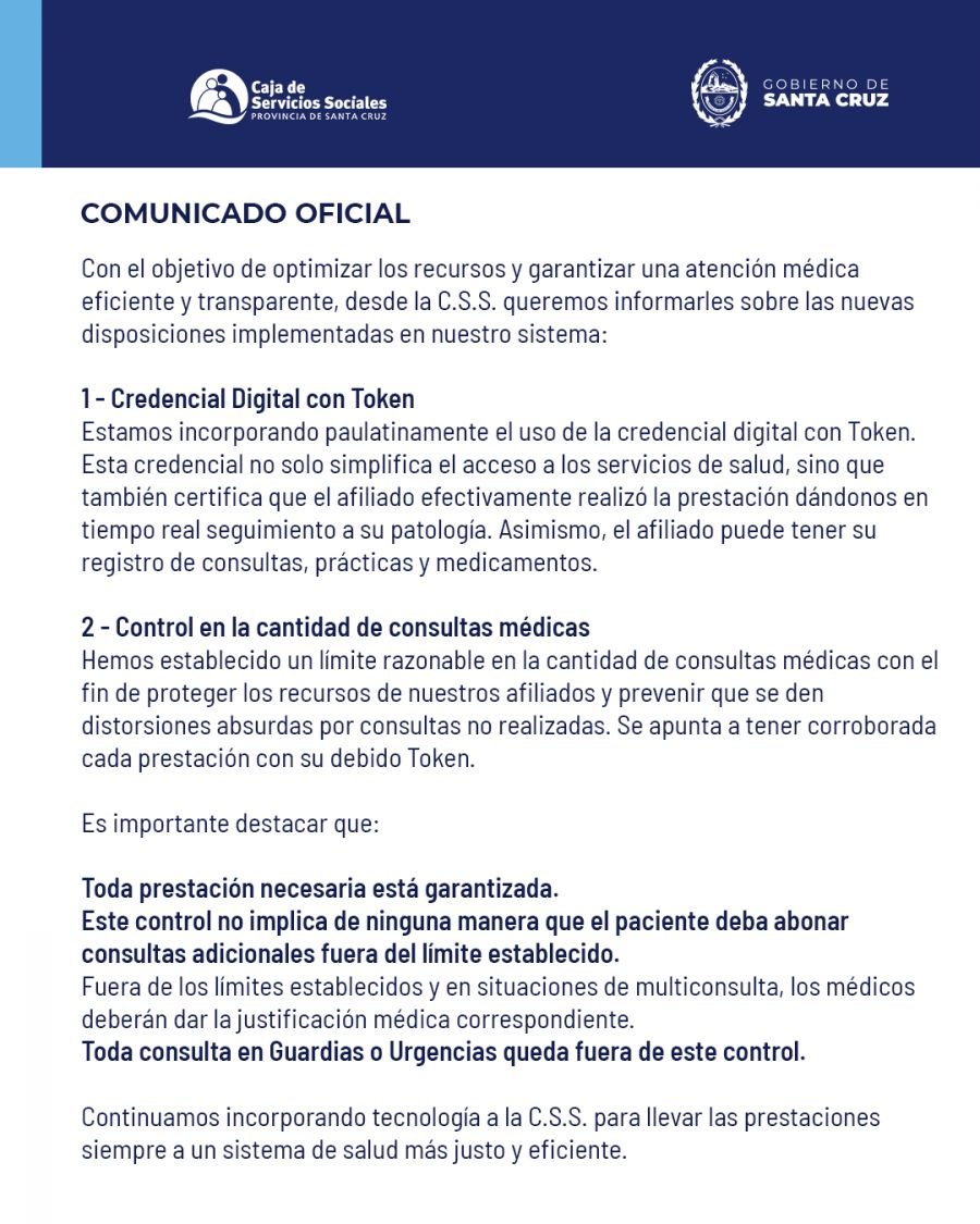 Comunicado oficial de la Caja de Servicios Sociales
