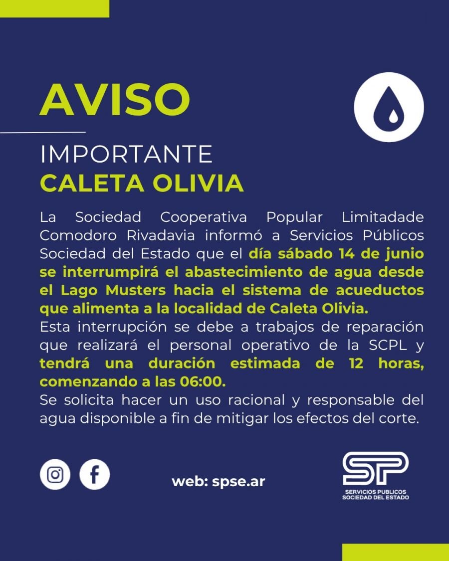 Atención Caleta Olivia: Servicios Públicos informa interrupción del servicio de agua