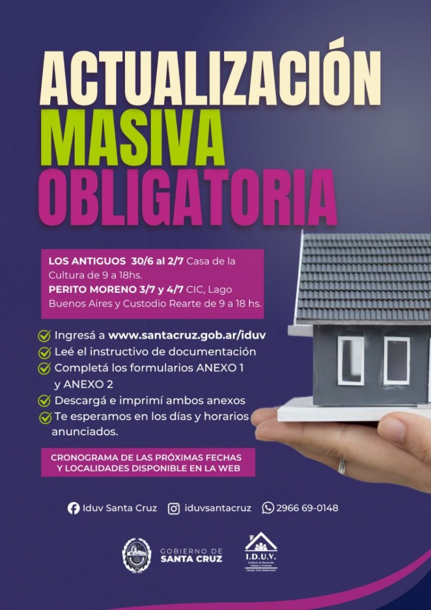 IDUV inicia la actualización masiva obligatoria para inscriptos a viviendas en Santa Cruz