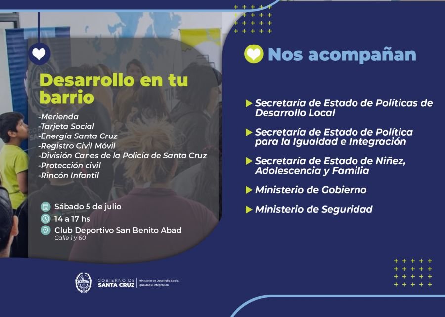 Este sábado "Desarrollo en tu barrio" llega al Club San Benito Abad de Río Gallegos