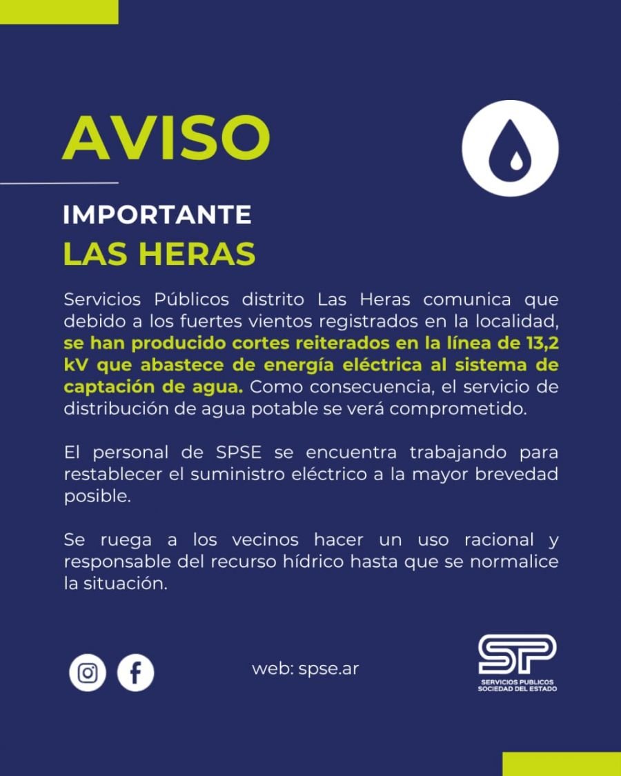 Interrupciones en el servicio de agua en Las Heras por cortes eléctricos causados por el viento