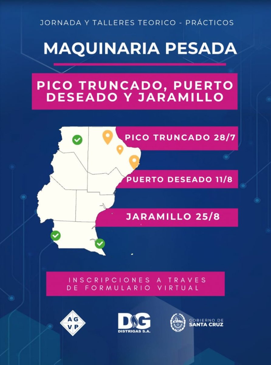 Pico Truncado, Puerto Deseado y Jaramillo serán sede de jornadas y talleres de Maquinaria Pesada