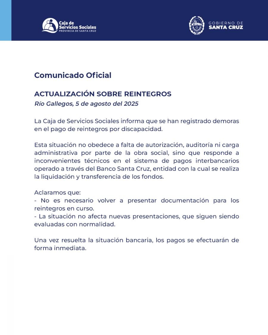 La Caja de Servicios Sociales informa respecto a la actualización sobre reintegros