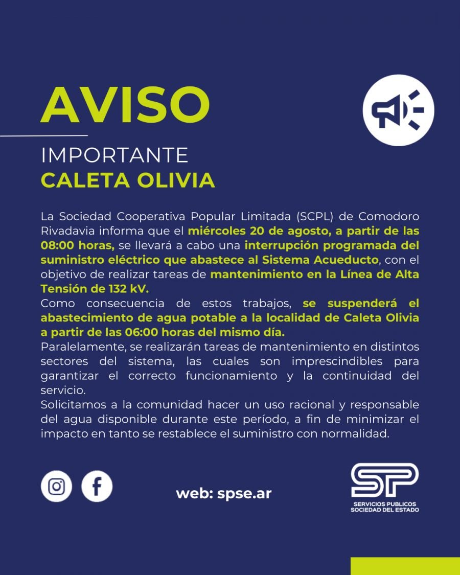 Comunicado de Servicios Públicos para Caleta Olivia
