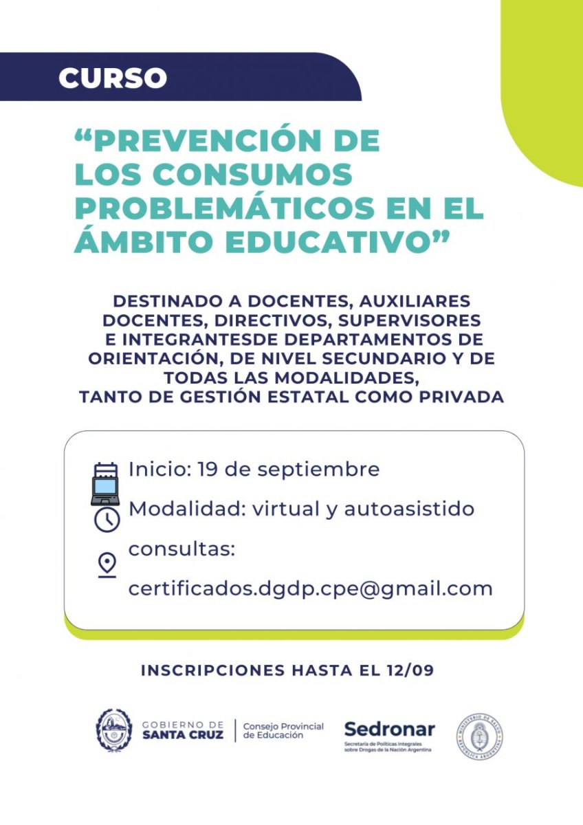 Invitan a participar del curso “Prevención de los consumos problemáticos en el ámbito educativo”