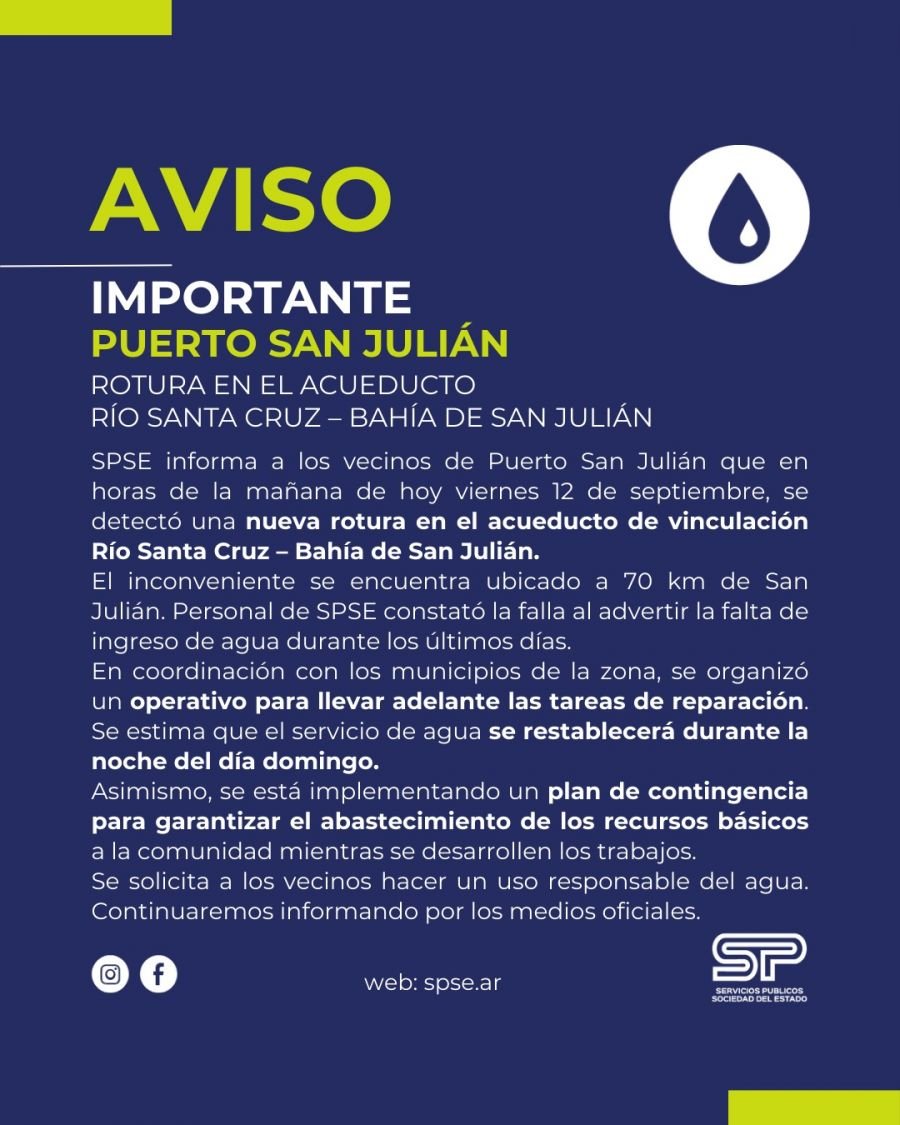 Servicios Públicos localizó una nueva rotura en el acueducto Río Santa Cruz – Bahía de San Julián