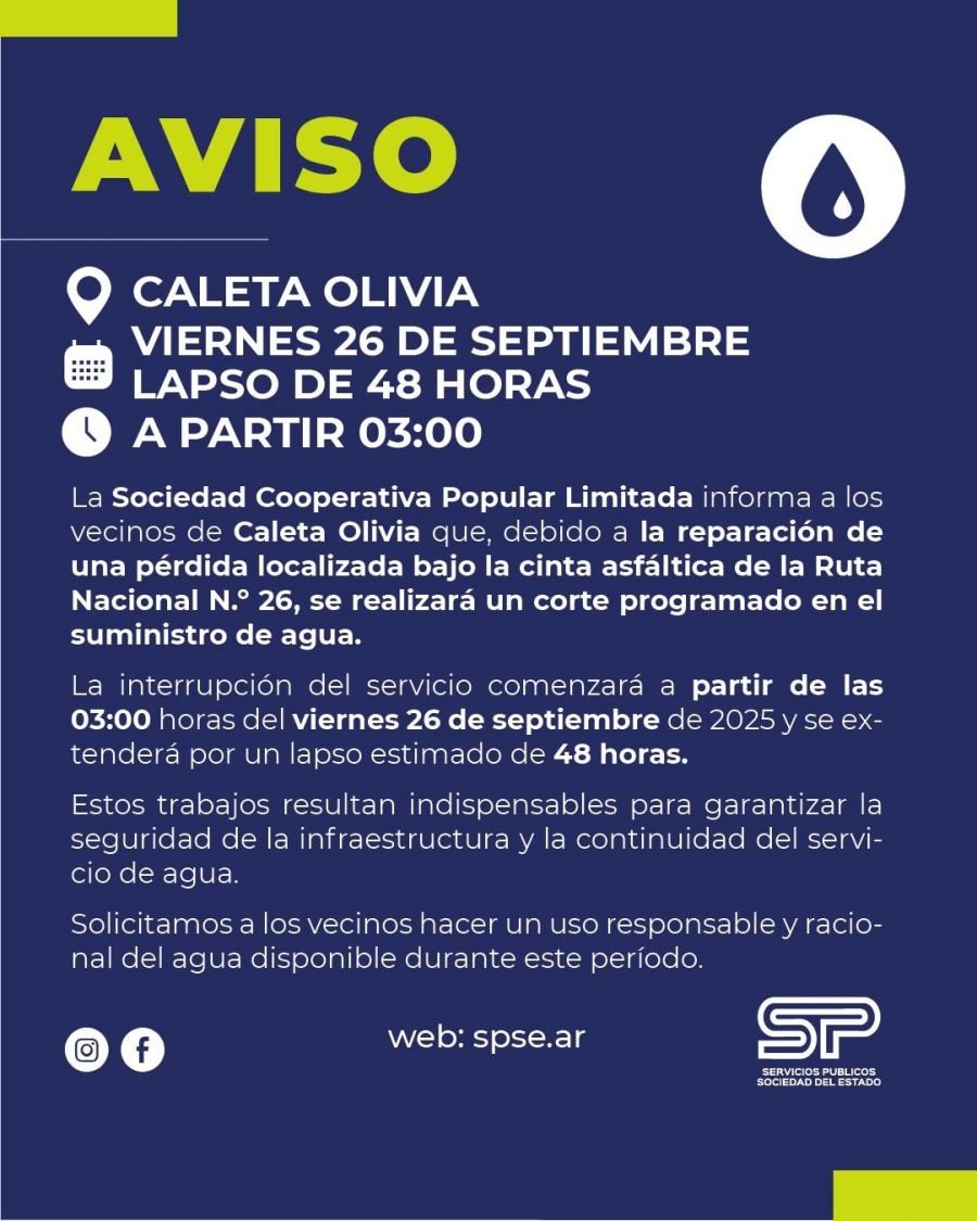 Servicios Públicos informa una suspensión temporal del suministro de agua por trabajos de reparación