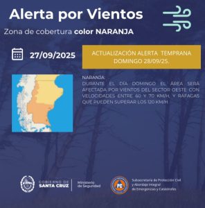 Alerta Naranja por fuertes vientos en Santa Cruz: se solicita tomar todos los recaudos necesarios