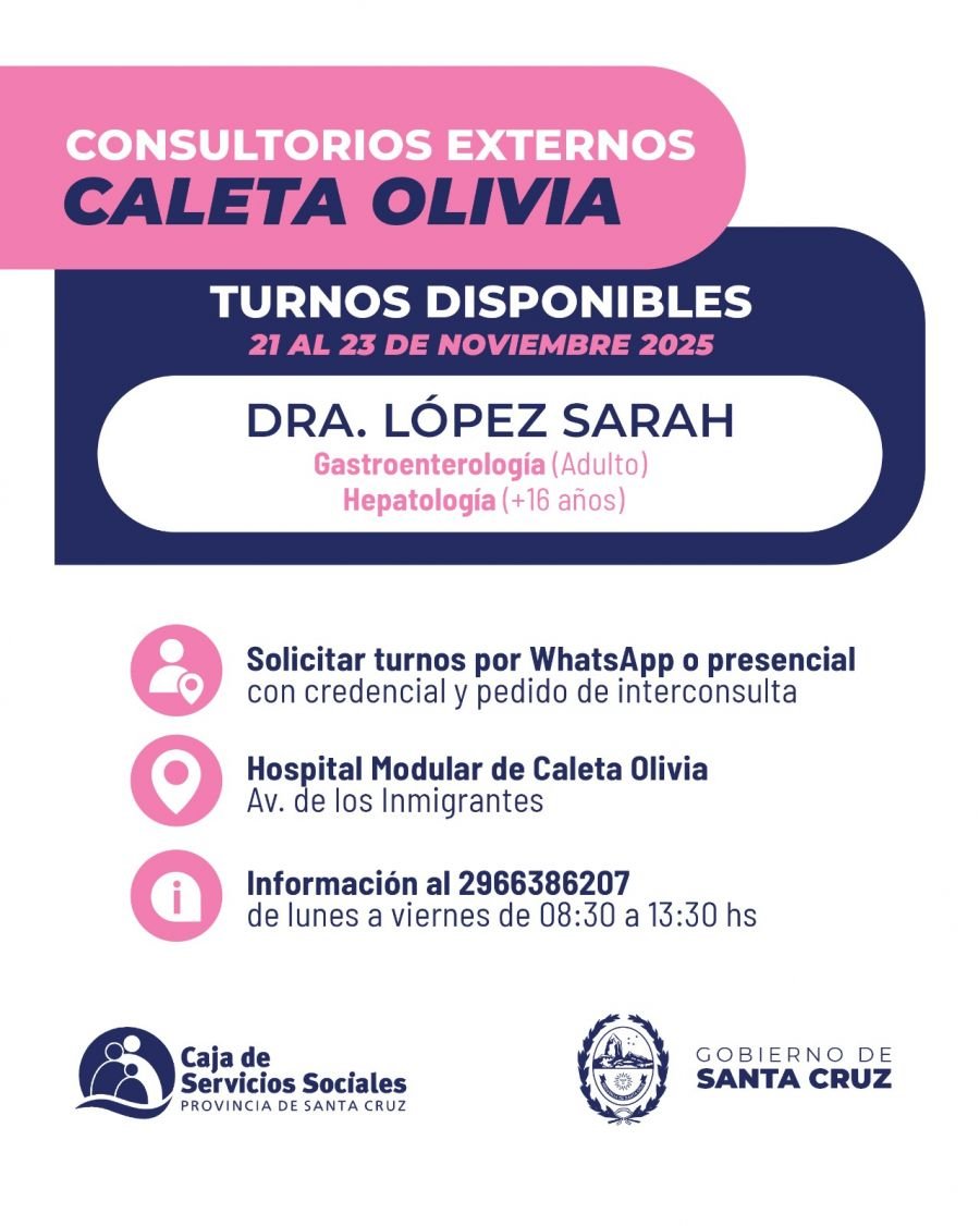 Gastroenterología y Hepatología: turnos disponibles en los consultorios externos de Caleta Olivia