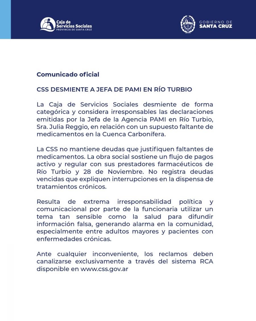 Comunicado: La Caja de Servicios Sociales desmiente declaraciones de la jefa de PAMI en Río Turbio