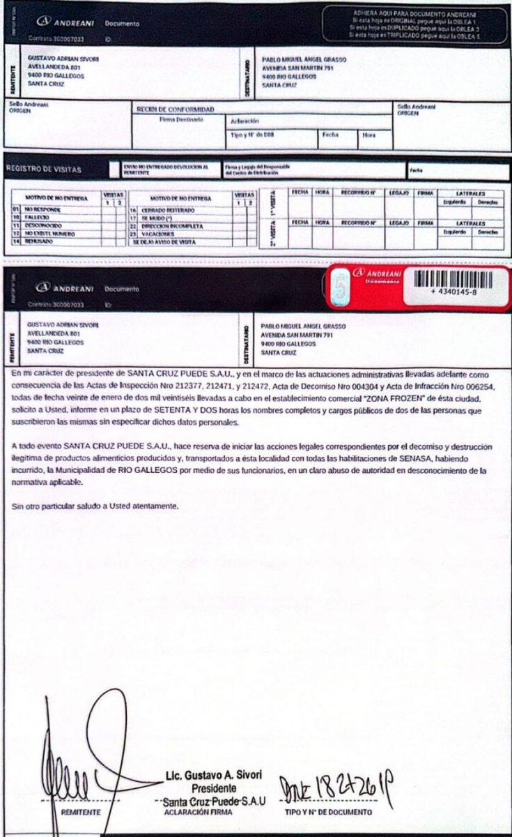 Santa Cruz Puede SAU intimó a Grasso y exigió identificar a funcionarios que firmaron sin nombre