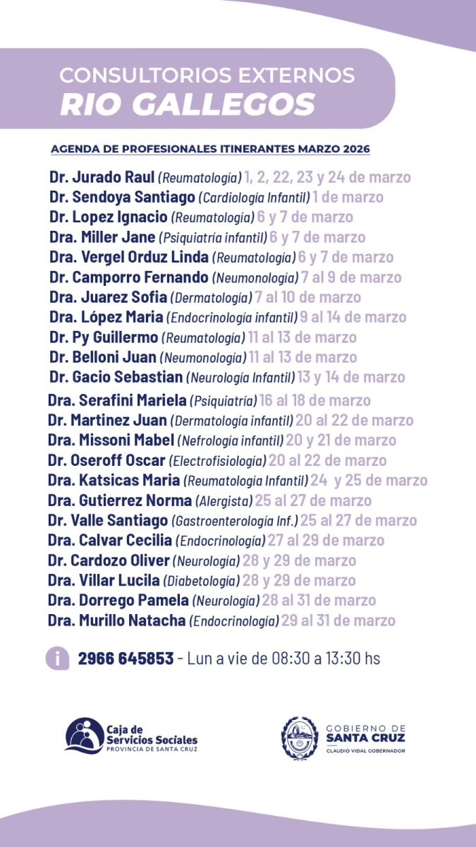 La Caja de Servicios Sociales difundió la agenda de profesionales itinerantes para marzo en Río Gallegos