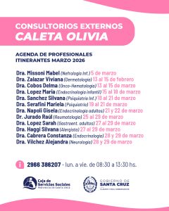 La Caja de Servicios Sociales presenta la agenda de doctores itinerantes en Caleta Olivia