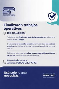 Servicios Públicos informó que finalizaron los trabajos operativos en el sistema hídrico de Río Gallegos