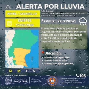 Alerta naranja por lluvias y amarilla por vientos para Santa Cruz