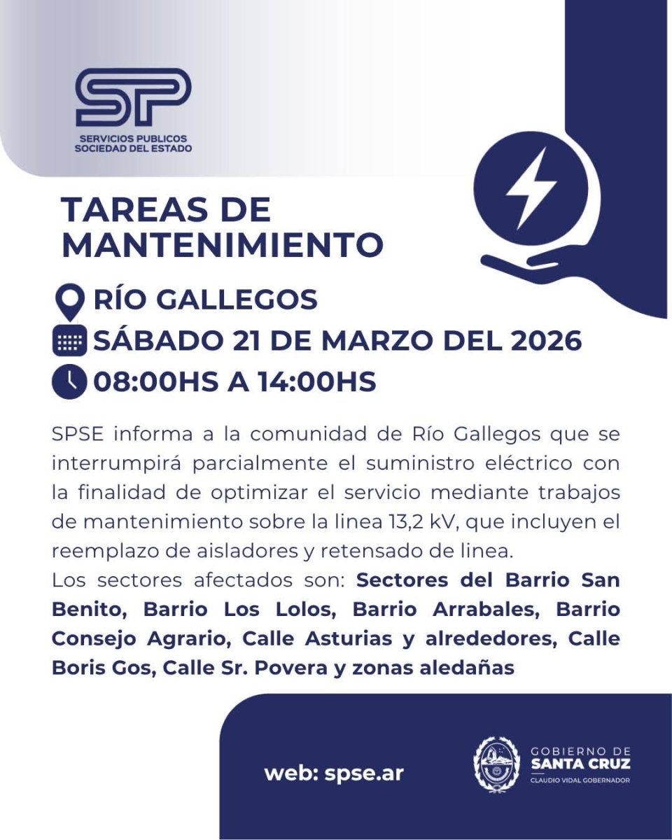 Servicios Públicos informó que hará mantenimiento y habrá corte programado mañana sábado 21