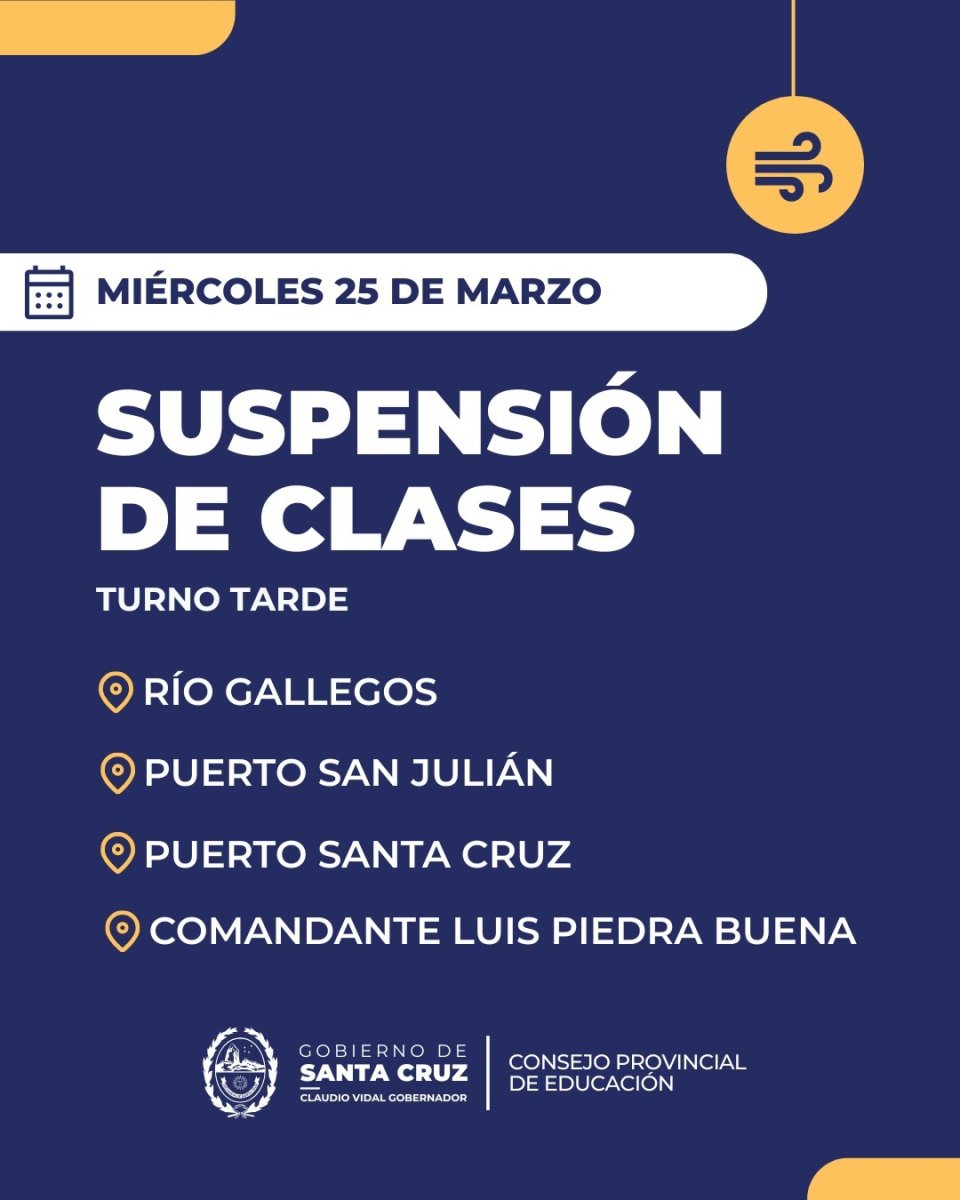 Educación suspende las clases en el turno tarde en cuatro localidades de Santa Cruz