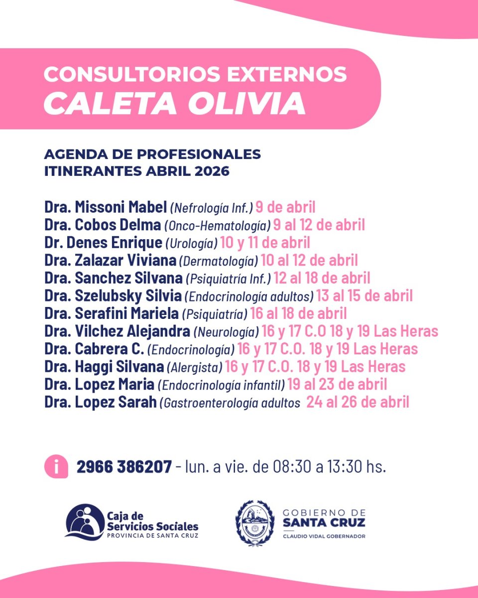 Conocé la agenda de los consultorios externos en Caleta Olivia