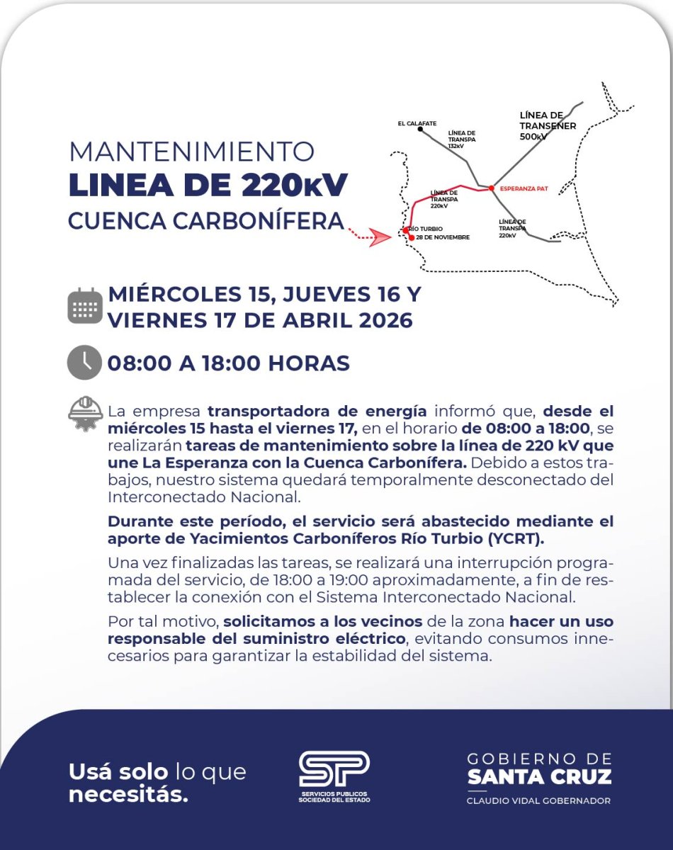 Transener a través de Servicios Públicos informa sobre mantenimiento en la Cuenca Carbonífera
