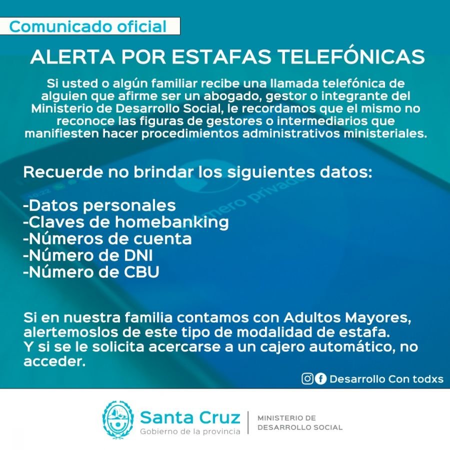 Comunicado de Desarrollo Social: alerta por estafas telefónicas