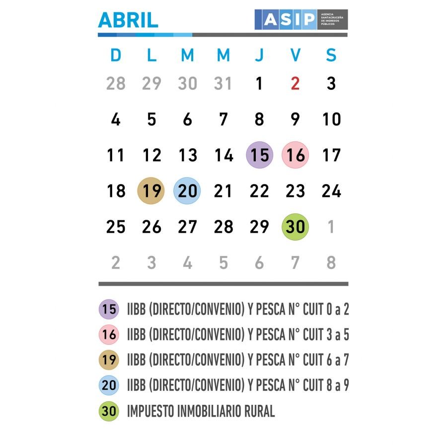 La ASIP informa el calendario de vencimientos del mes de abril 2021