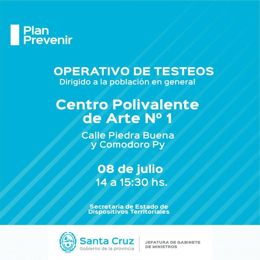 Plan Prevenir: Este jueves se realizaran testeos en el Centro Polivalente de Arte de Río Gallegos