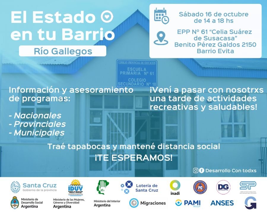 Este sábado “El Estado en tu Barrio” llegará al Barrio Evita de Río Gallegos
