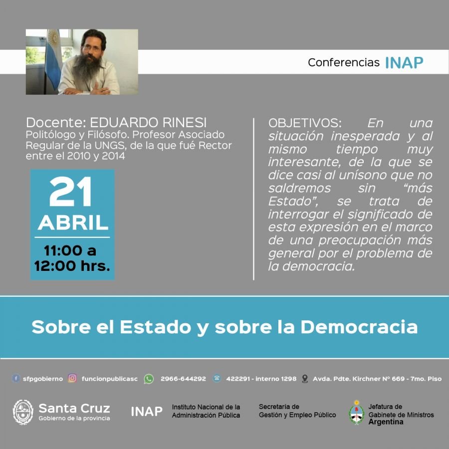 Mañana se concretará la videoconferencia "Sobre el Estado y sobre la Democracia"